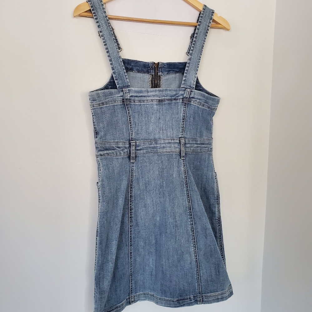 AMERICAN EAGLE Sz 6 Blue Denim Jean Overall Mini Dress Front Zip Straps Stretch - Picture 11 of 14